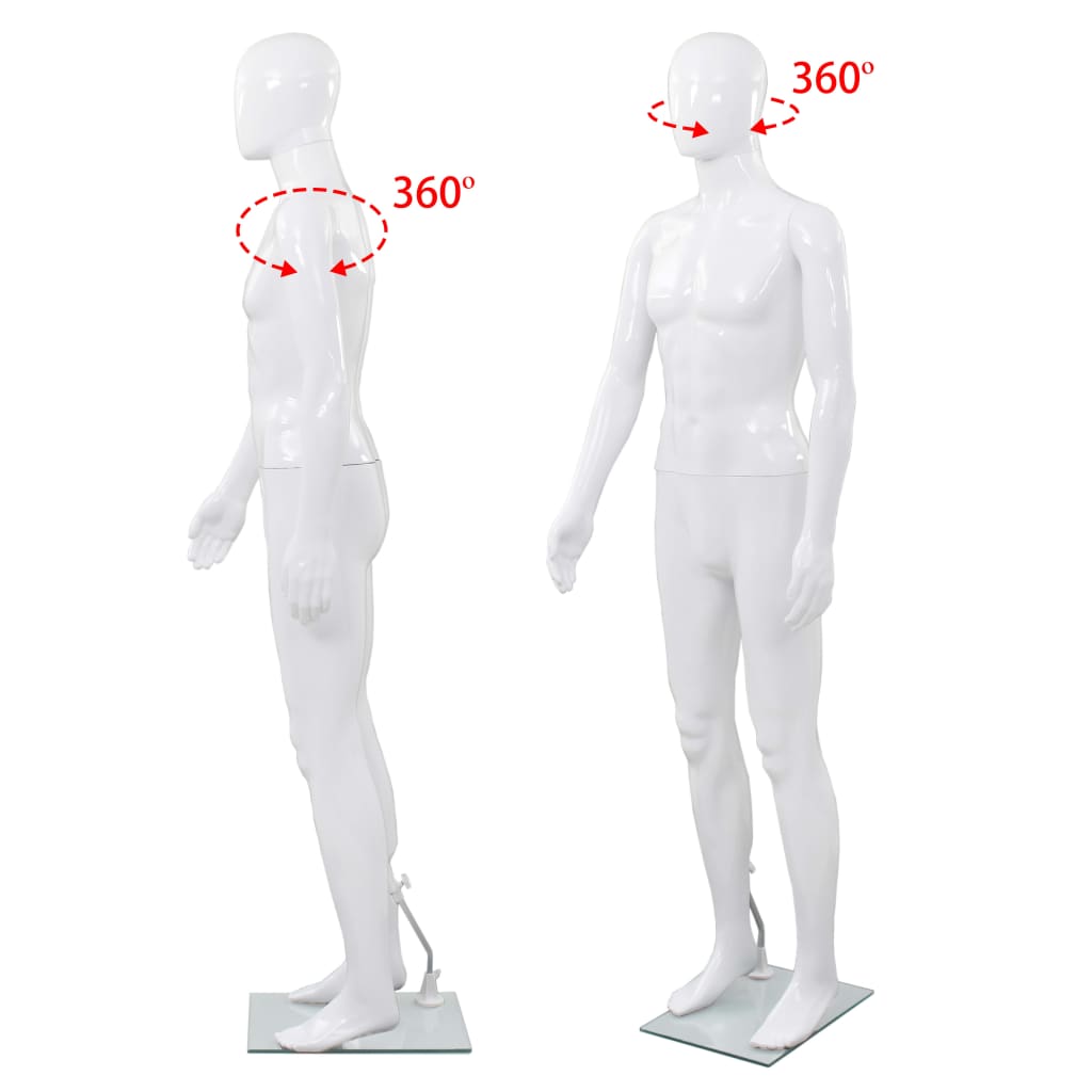 Skyltdocka man helkropps med bas i glas glansig vit 185 cm