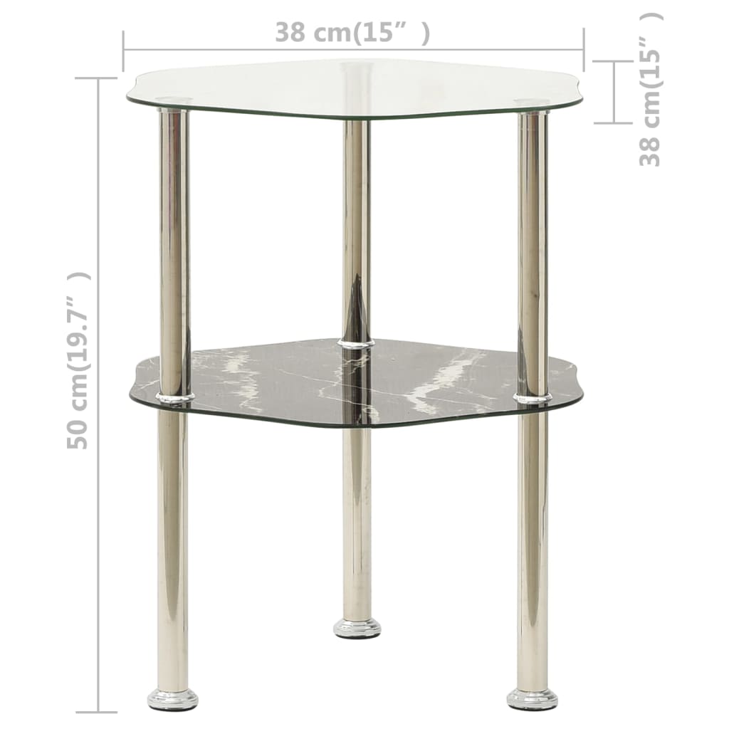Sidobord med 2 hyllor transparent/svart 38x38x50 cm härdat glas