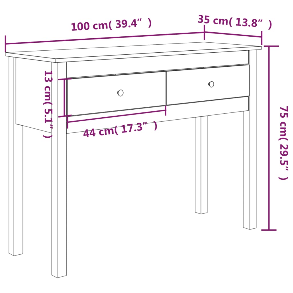 Konsolbord vit 100x35x75 cm massiv furu