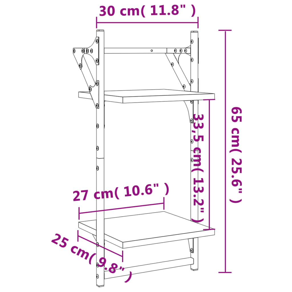 Vägghyllor 2-plan med stänger 2 st brun ek 30x25x65 cm