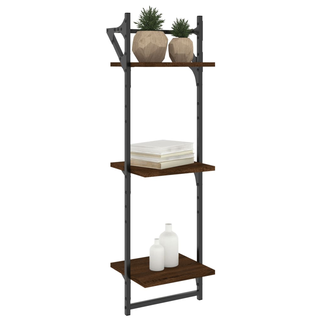 Vägghyllor 3-plan med stänger 2 st brun ek 30x25x100 cm