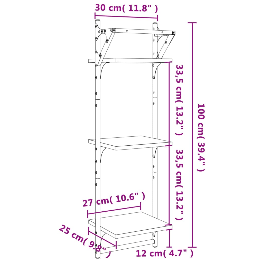 Vägghyllor 3-plan med stänger 2 st brun ek 30x25x100 cm
