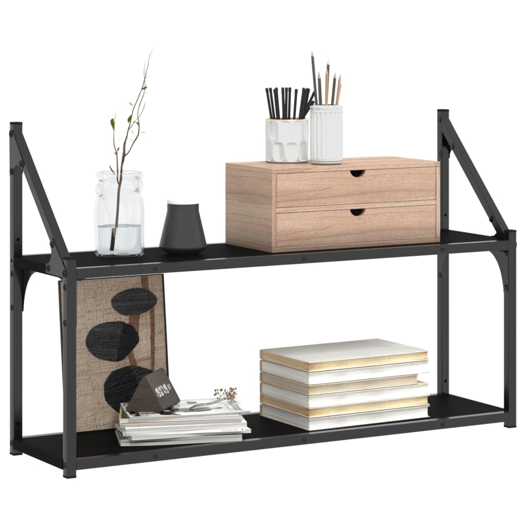 Vägghylla 2 hyllor svart 80x21x51 cm konstruerat trä