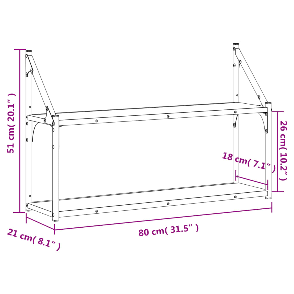 Vägghylla 2 hyllor svart 80x21x51 cm konstruerat trä