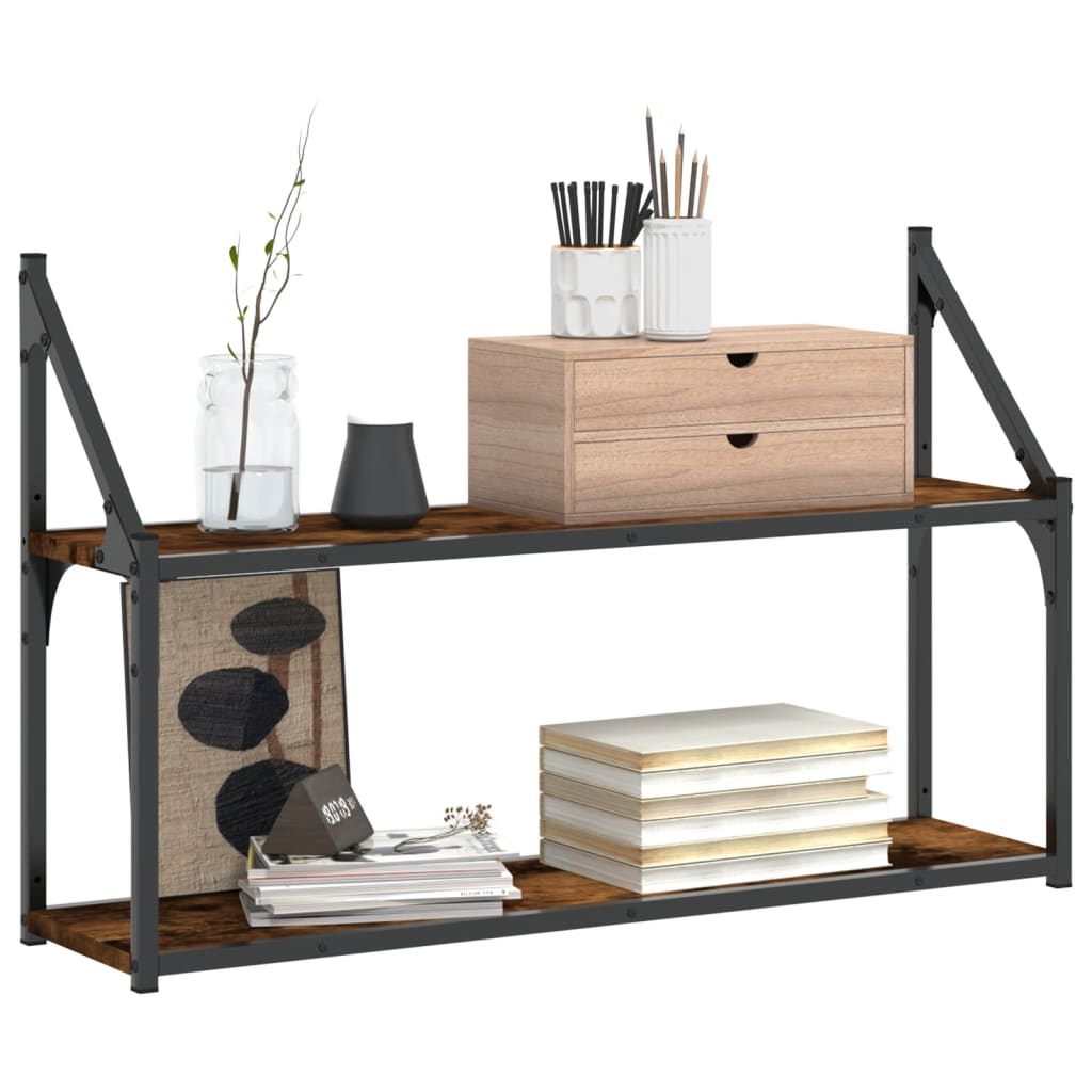 Vägghylla 2 hyllor rökfärgad ek 80x21x51 cm konstruerat trä