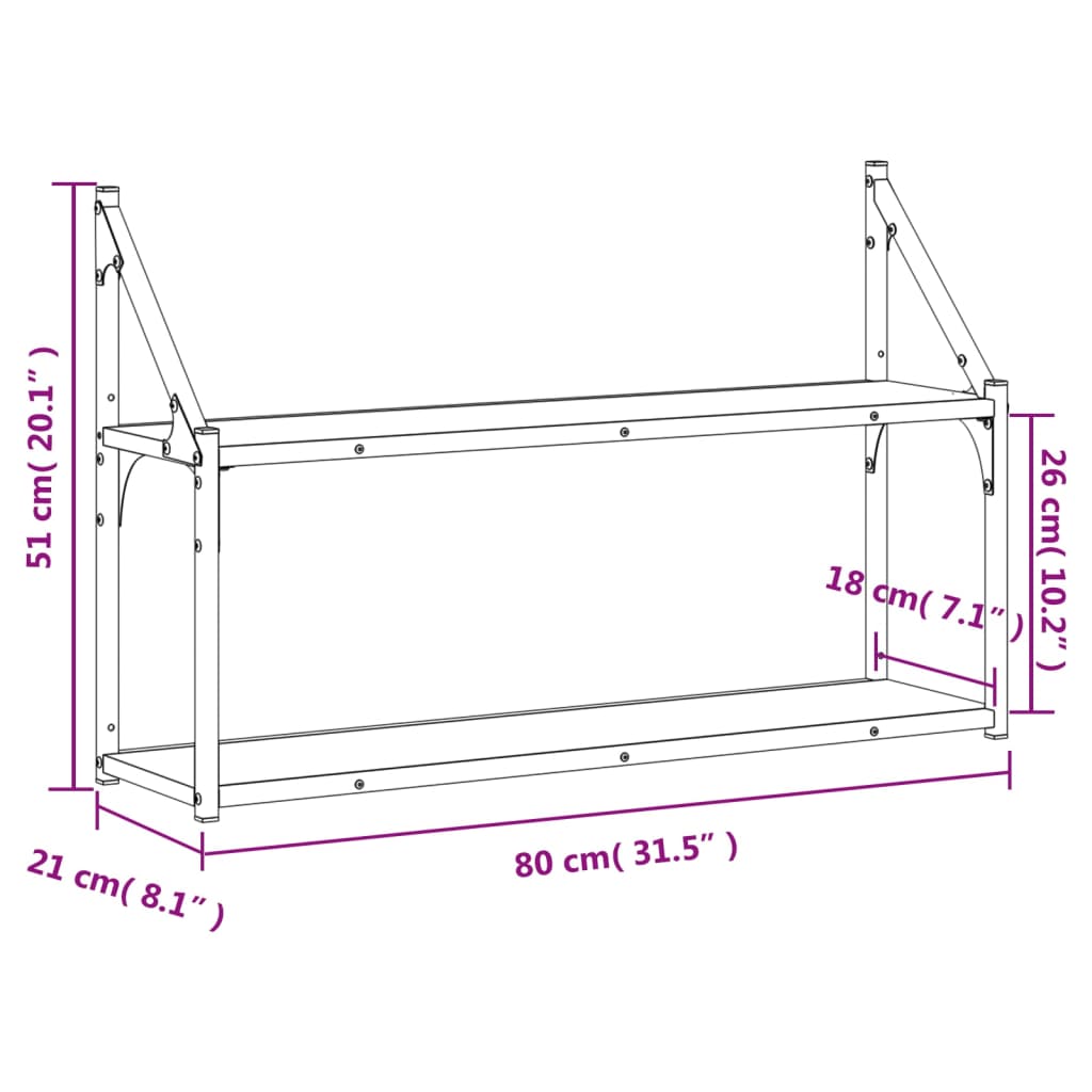 Vägghylla 2 hyllor rökfärgad ek 80x21x51 cm konstruerat trä