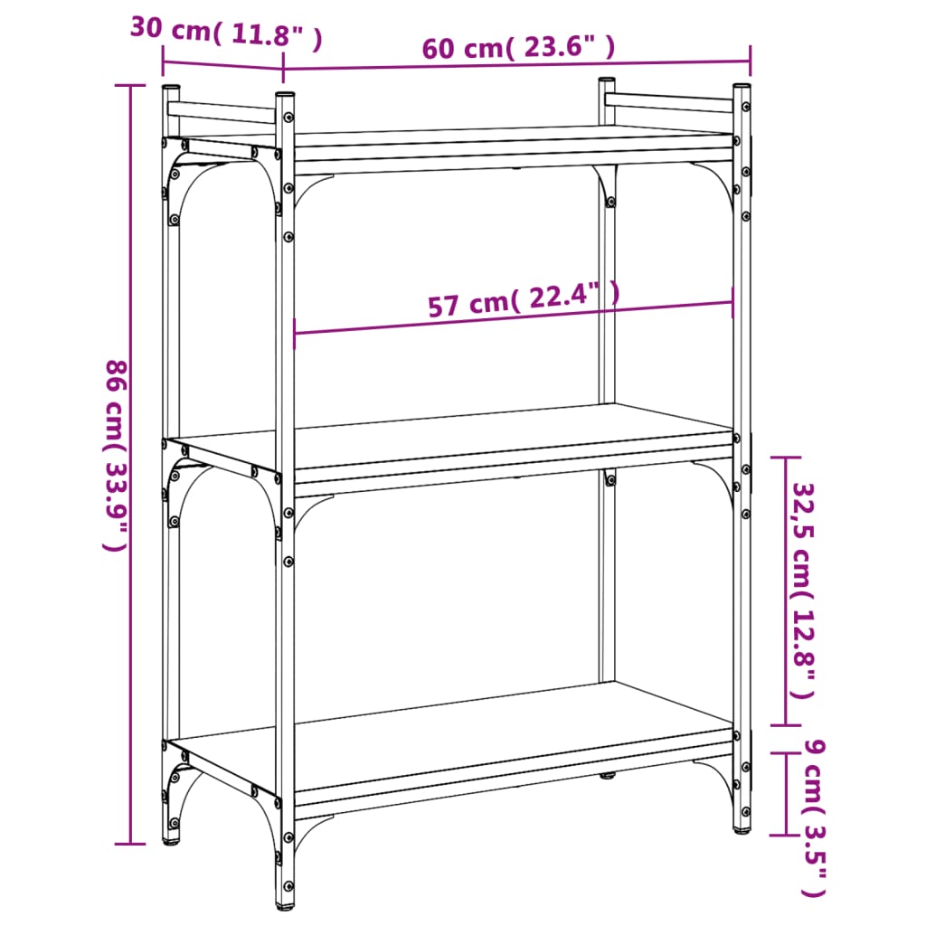 Bokhylla 3 hyllplan sonoma-ek 60x30x86 cm konstruerat trä