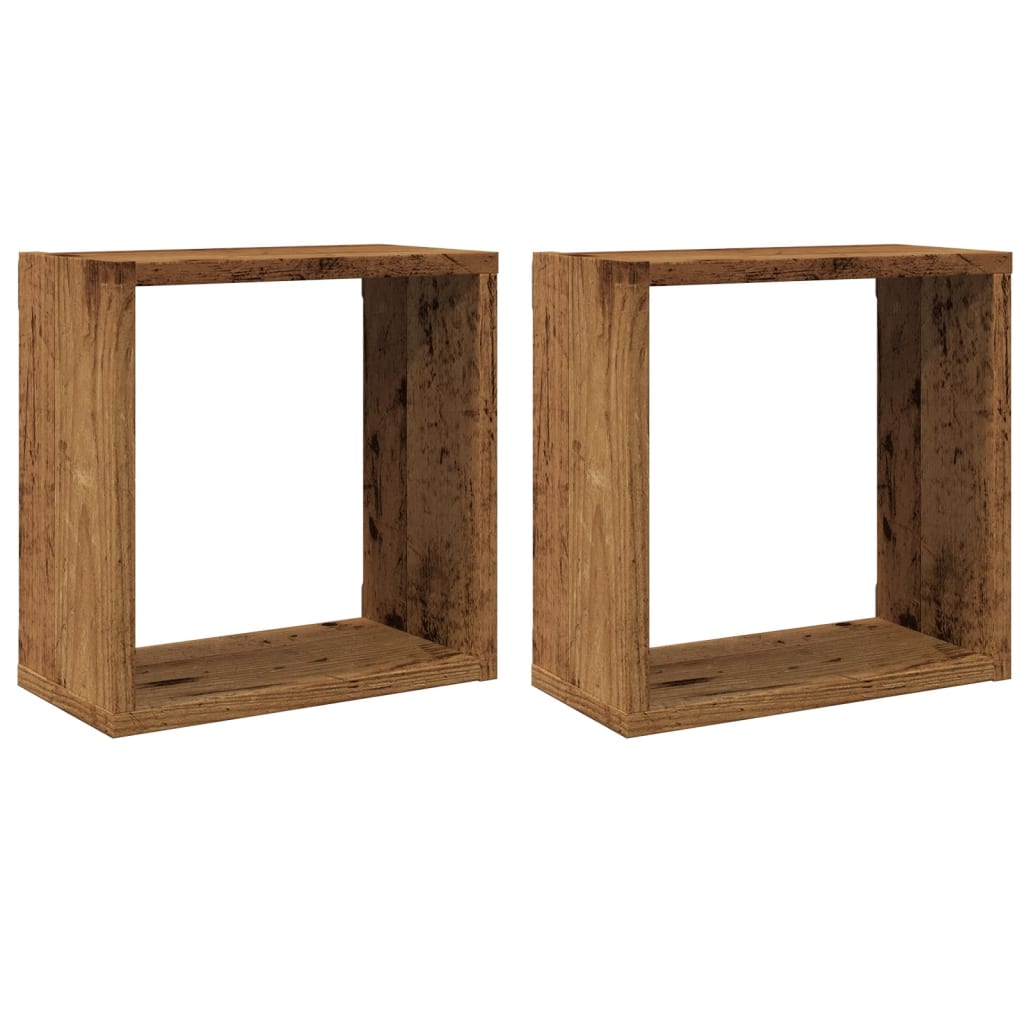 Vägghylla kubformad 2 st åldrat trä 30x15x30 cm konstruerat trä