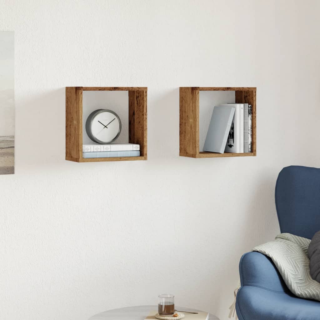 Vägghylla kubformad 2 st åldrat trä 30x15x30 cm konstruerat trä