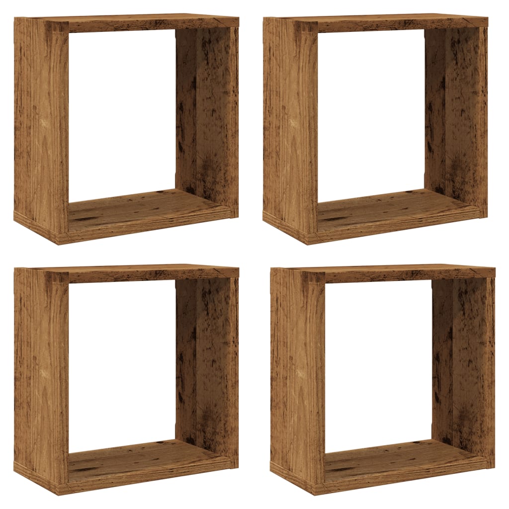 Vägghylla kubformad 4 st åldrat trä 30x15x30 cm konstruerat trä