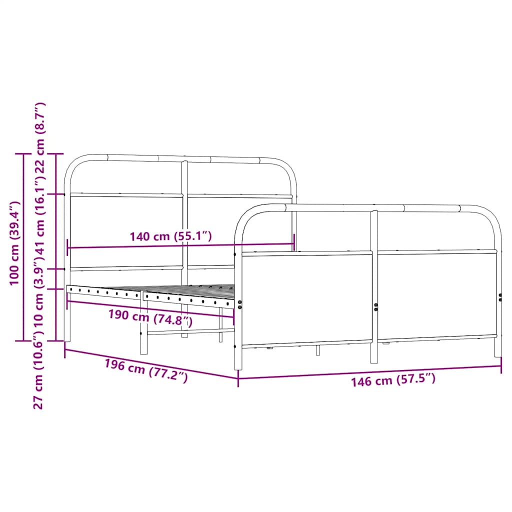 Sängram utan madrass metall rökfärgad ek 140x190 cm