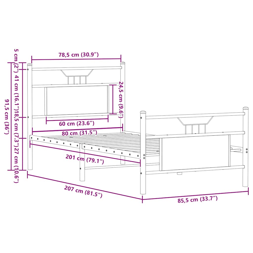 Sängram utan madrass rökfärgad ek 80x200 cm konstruerad trä