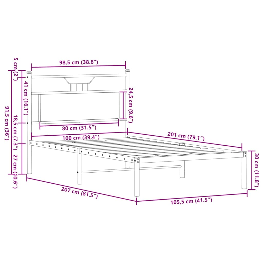 Sängram utan madrass sonoma-ek 100x200 cm konstruerad trä