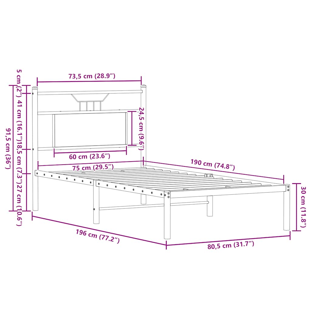 Sängram utan madrass brun ek 75x190 cm konstruerad trä