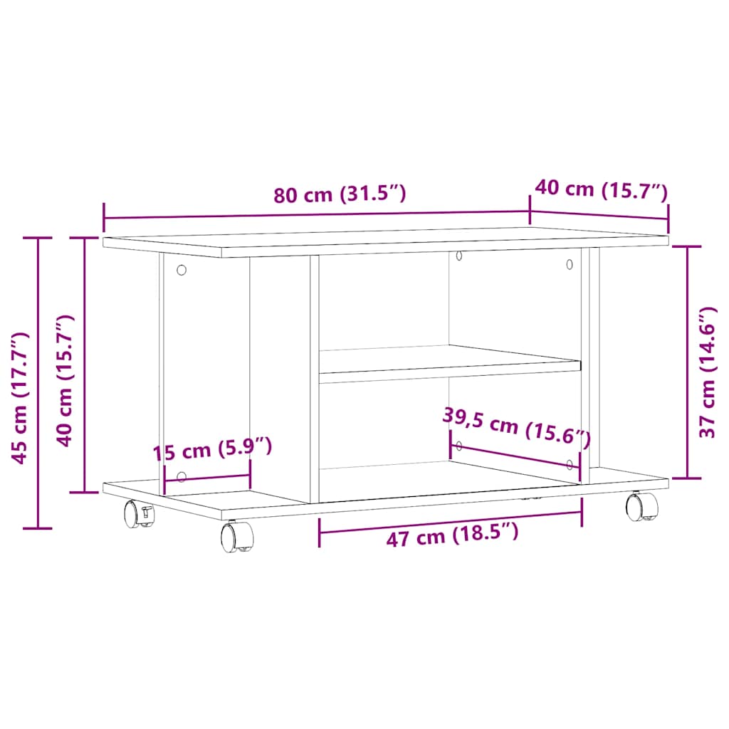 TV-bänk med hjul svart ek 80x40x45 cm konstruerat trä