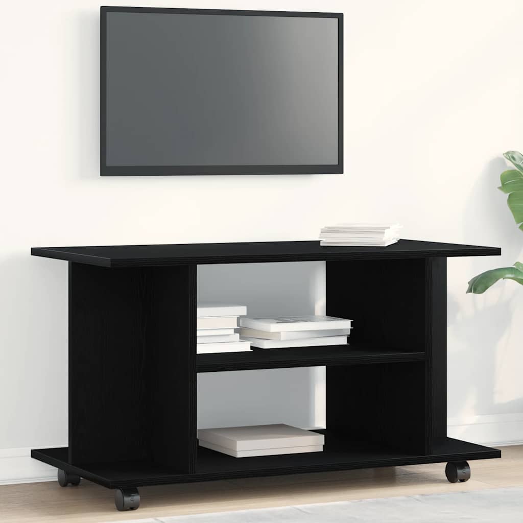 TV-bänk med hjul svart ek 80x40x45 cm konstruerat trä