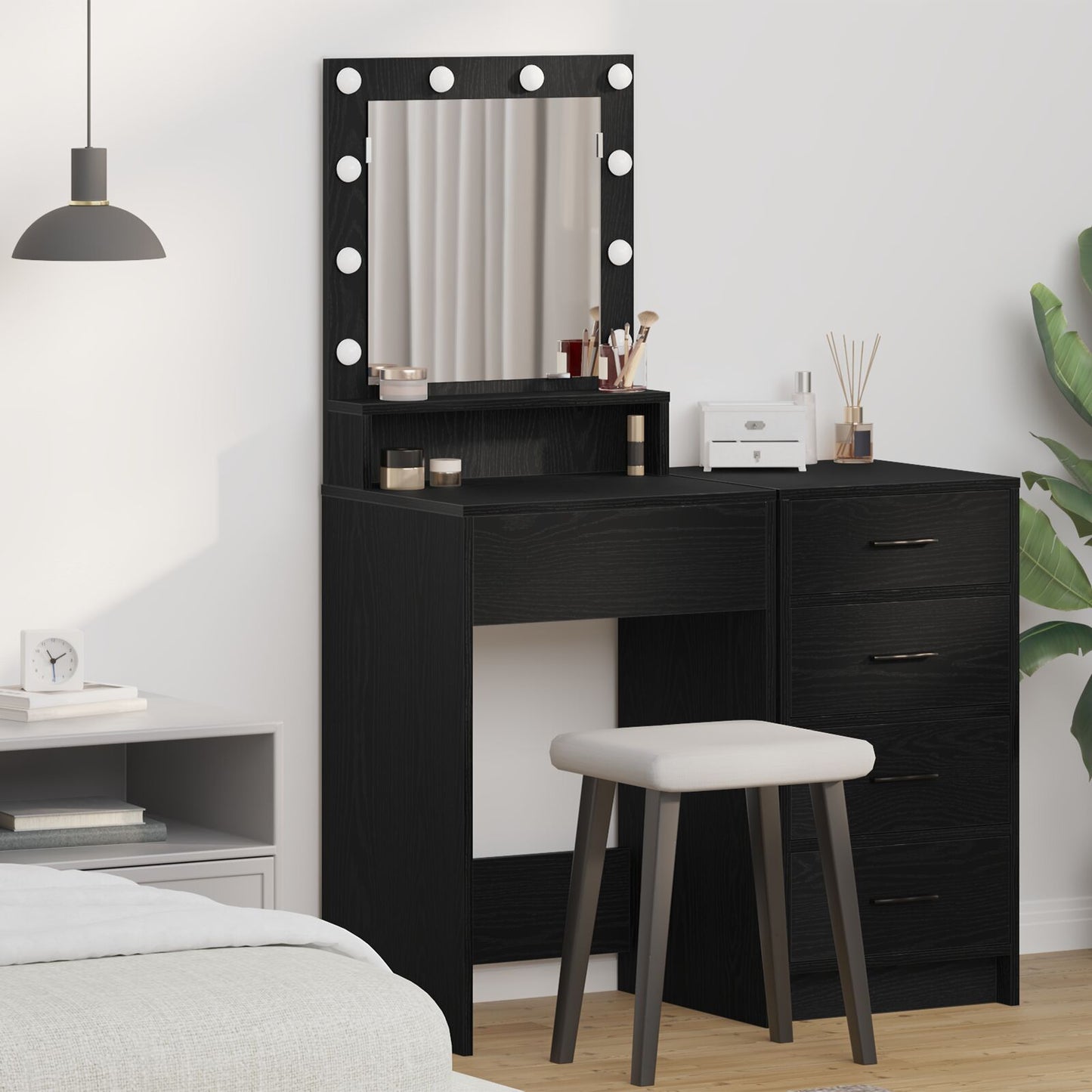 Sminkbord med LED-lampor, svart ek, 50x41x135 cm