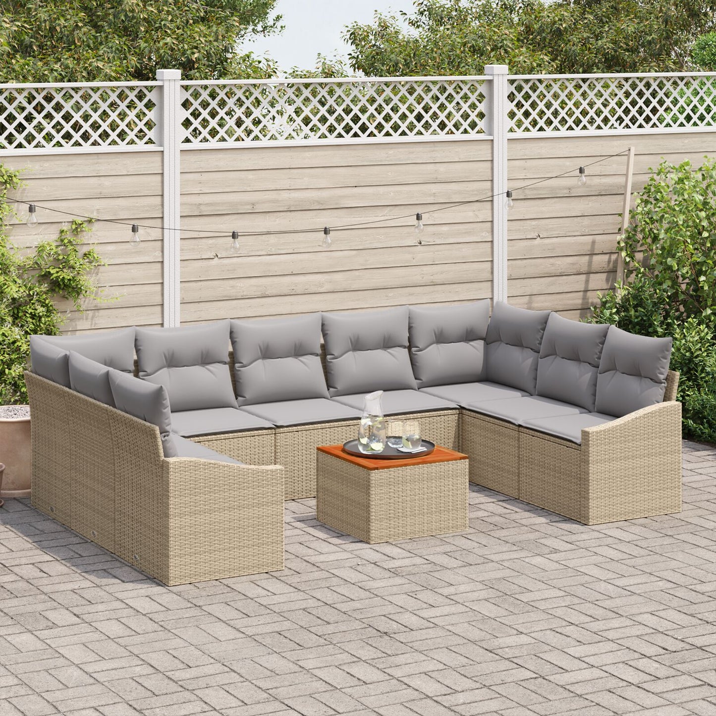 10-delars Trädgårdssoffgrupp med kuddar Beige Polyrotting Acacia