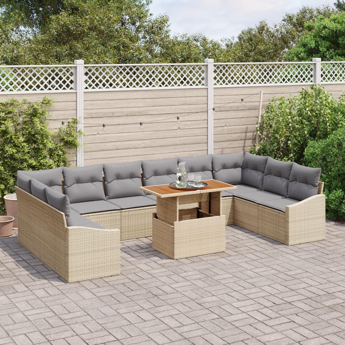 11 Delar Trädgårds Matsalsset med Kuddar Beige Poly Rattan Akacia