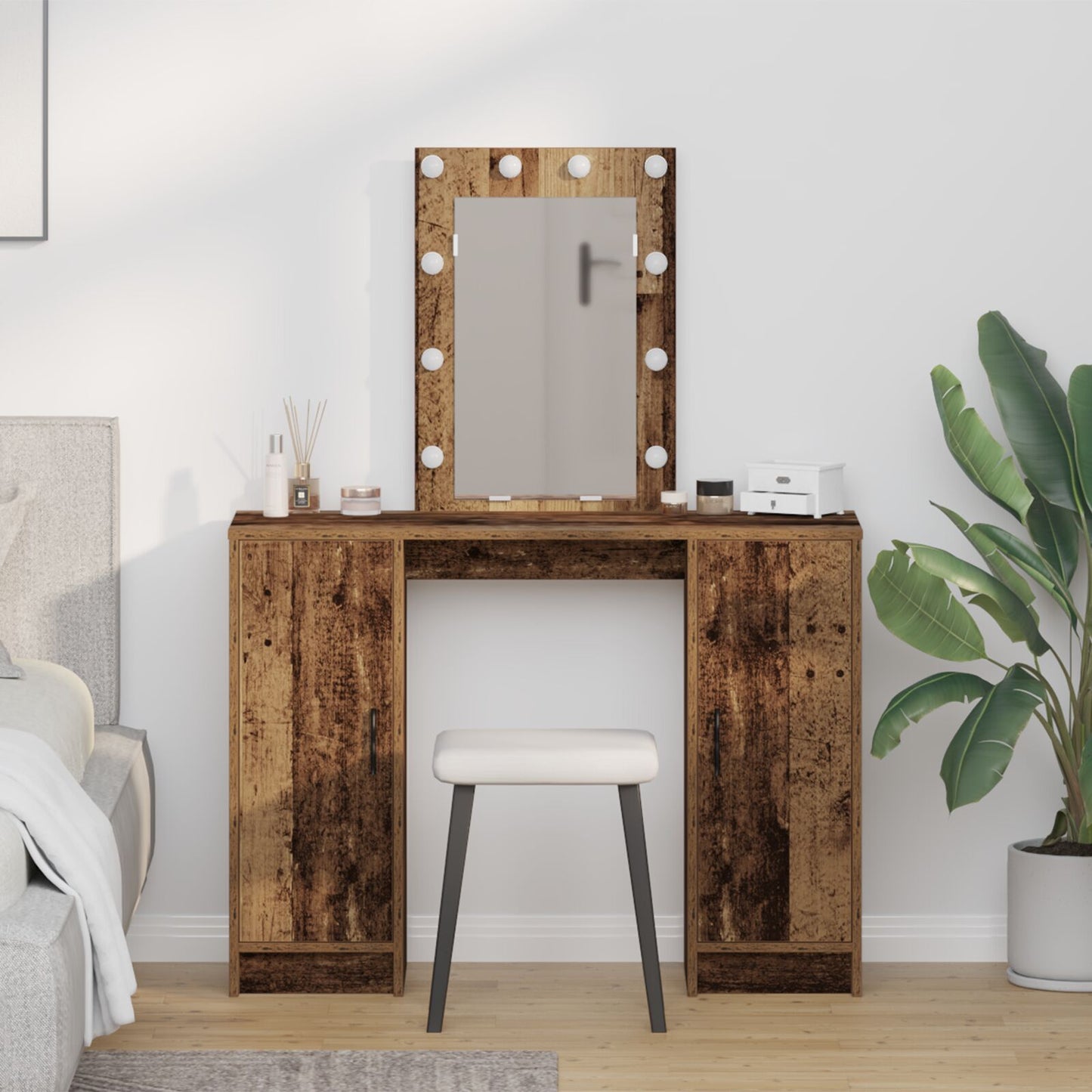 Sminkbord med LED-lampor Gamla Trä 102x33x135 cm