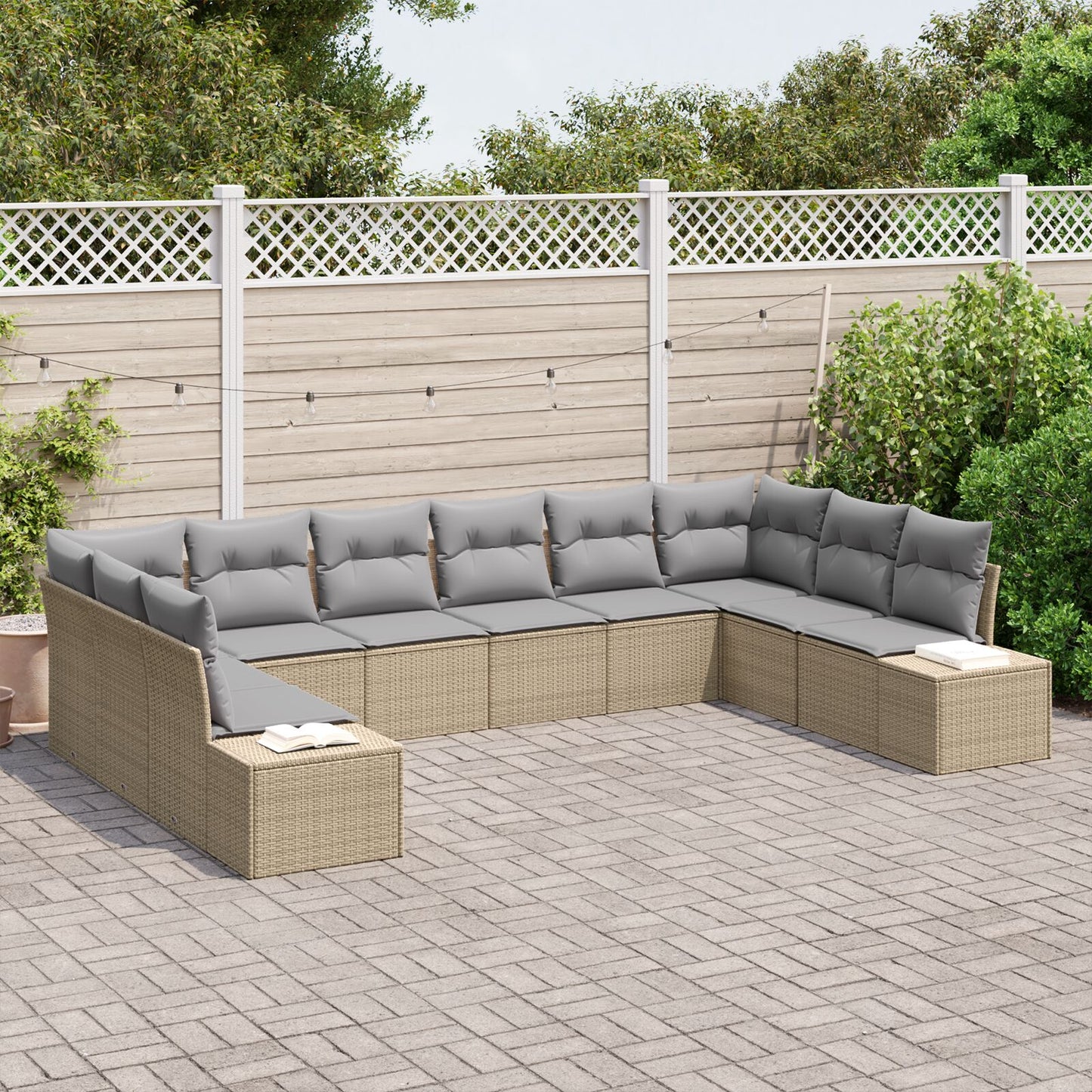 10-delat trädgårdsoffset med kuddar Beige Poly Rattan
