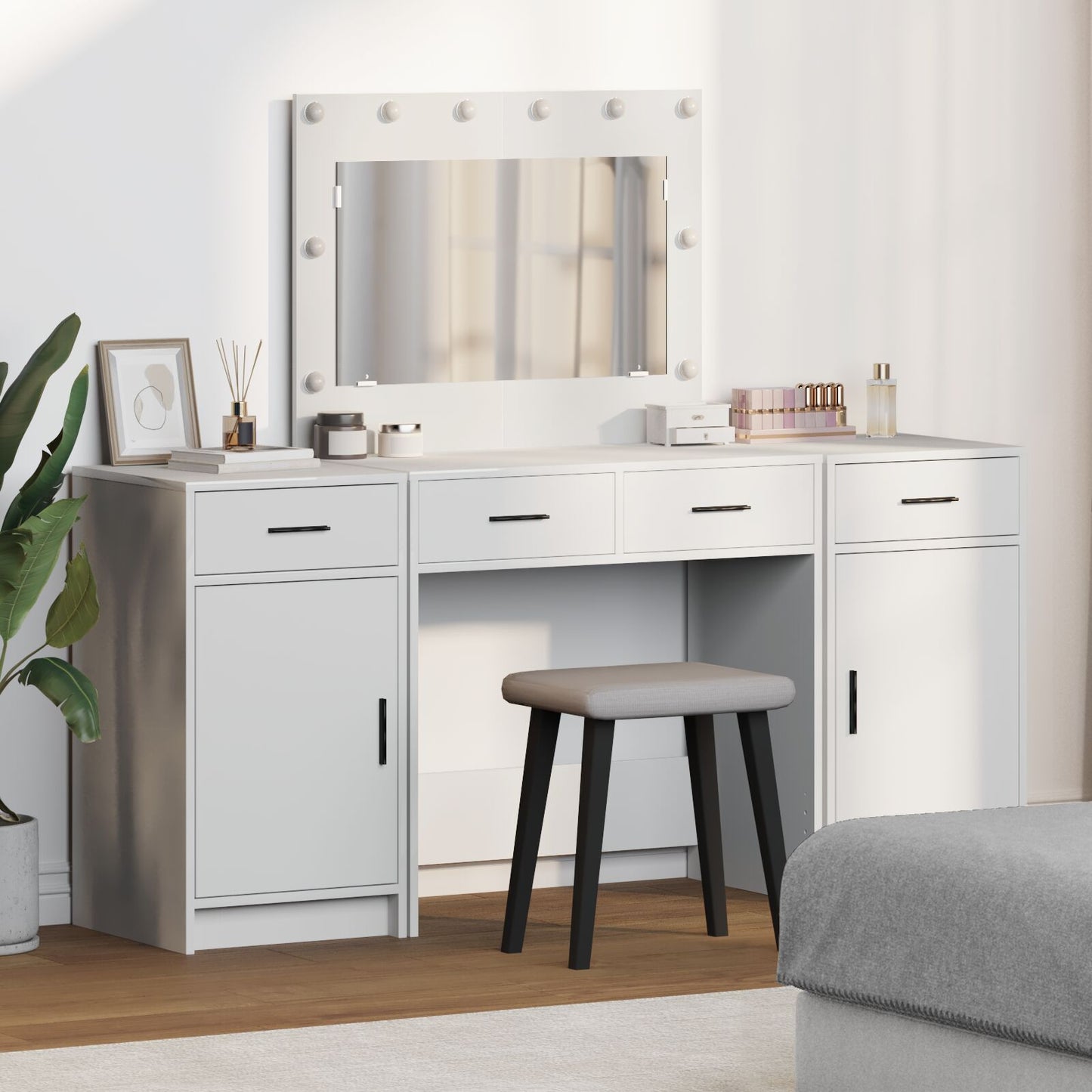 3-delat sminkbord-set med LED, vit konstruerat trä