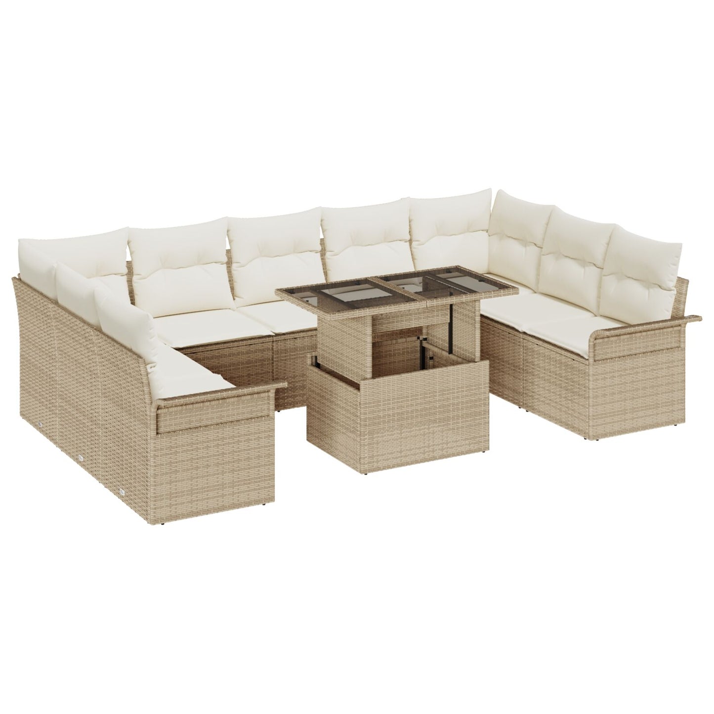 10-delat trädgårdsoffaset med kuddar beige poly rotting