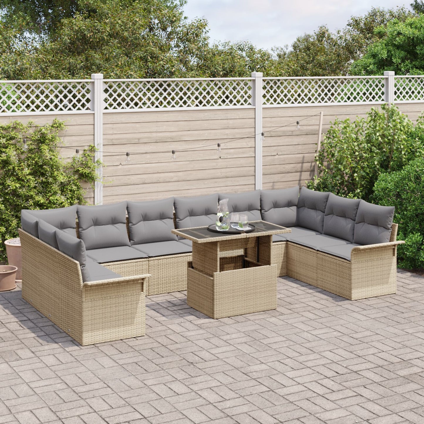 11 Delar Trädgårdsoffagruppe med Kuddar Beige Poly Rattan