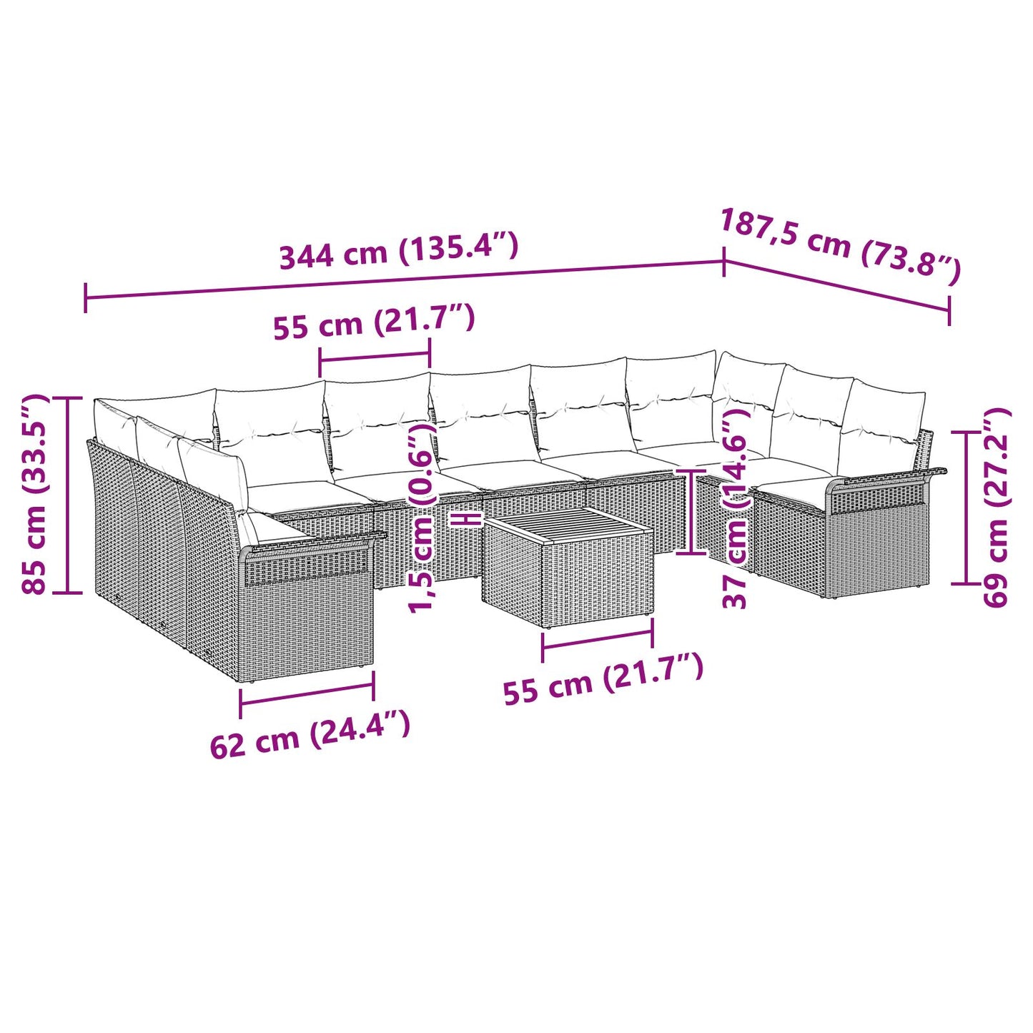 11 Delars Trädgårdssoffa Set med Kuddar Beige Poly Rattan Acacia