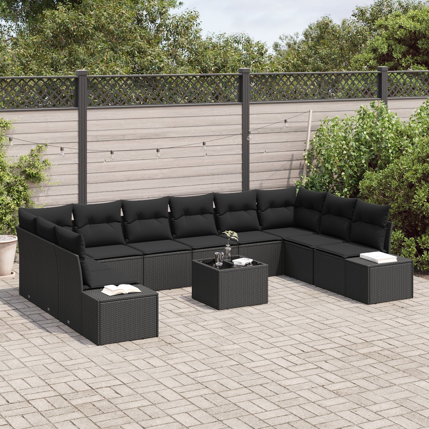 11-delad trädgårdsoff set med kuddar beige poly rattan