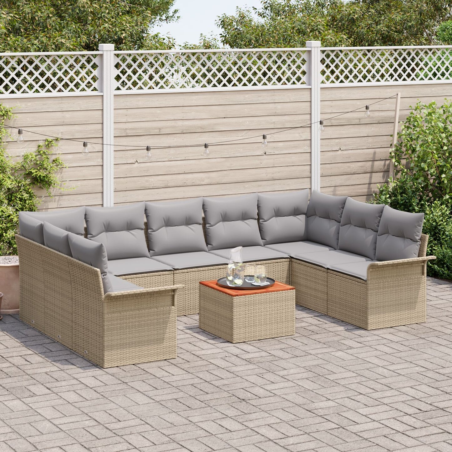 10 Delars Trädgårdsoff-set med kuddar Beige Poly Rattan Akacia