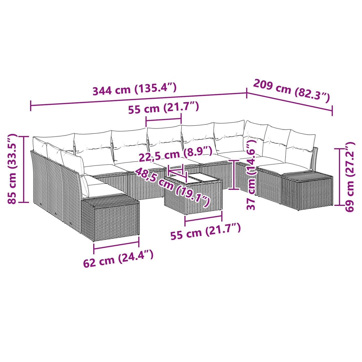 11-delad trädgårdsoff set med kuddar beige poly rattan