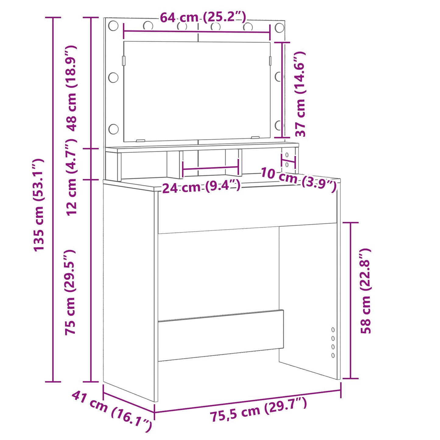 Sminkbord med LED-lampor Vit 79x41x135 cm