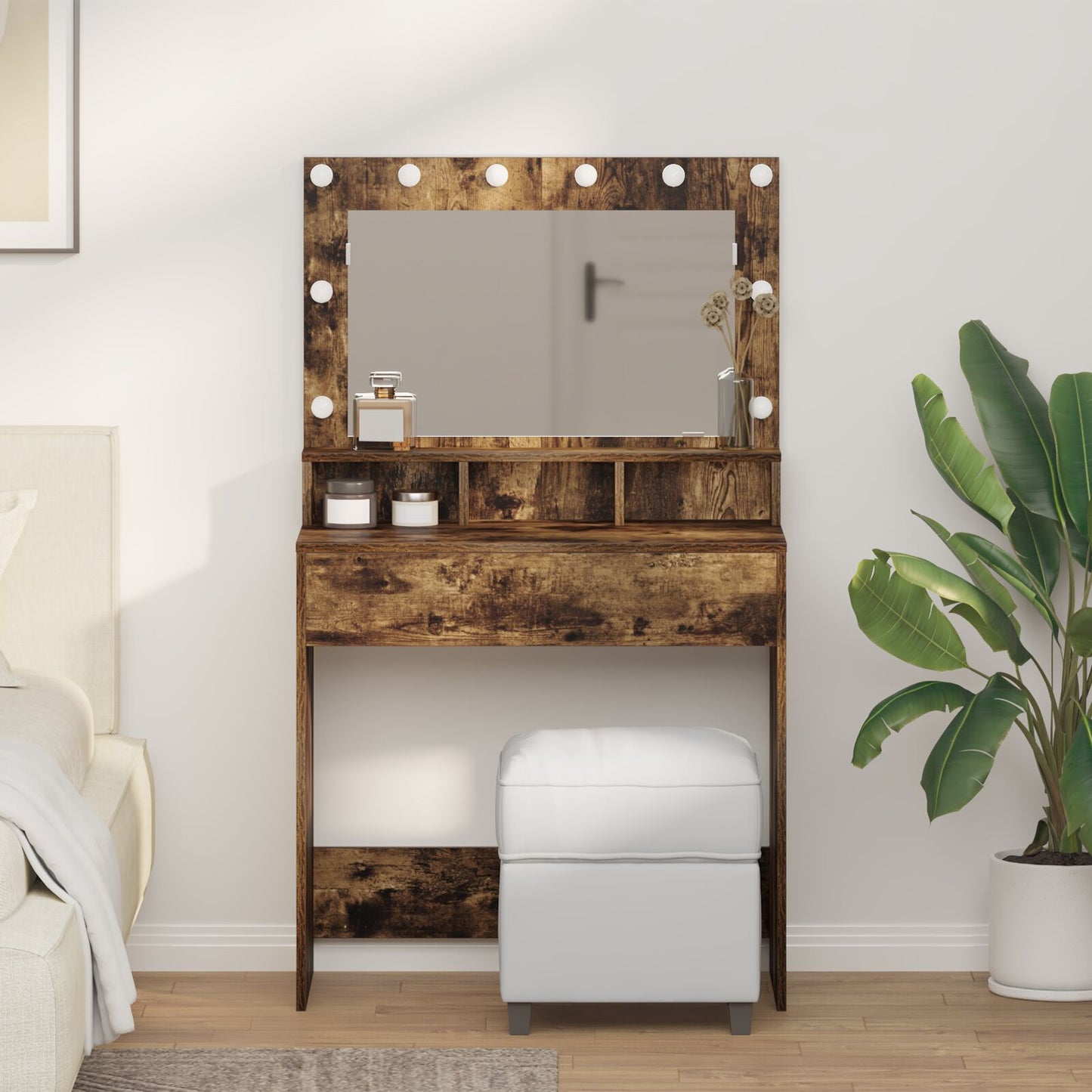 Sminkbord med LED-ljus, Rökt ek, 79x41x135 cm