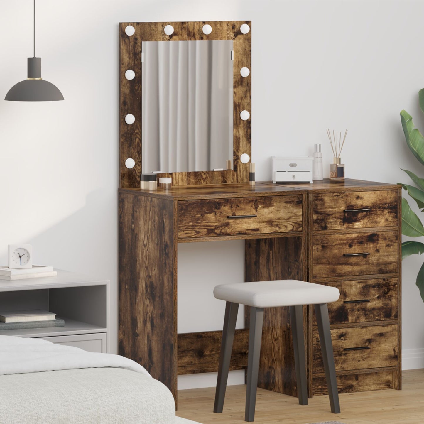 Sminkbord med LED-lampor Rökt ek 50x41x135 cm