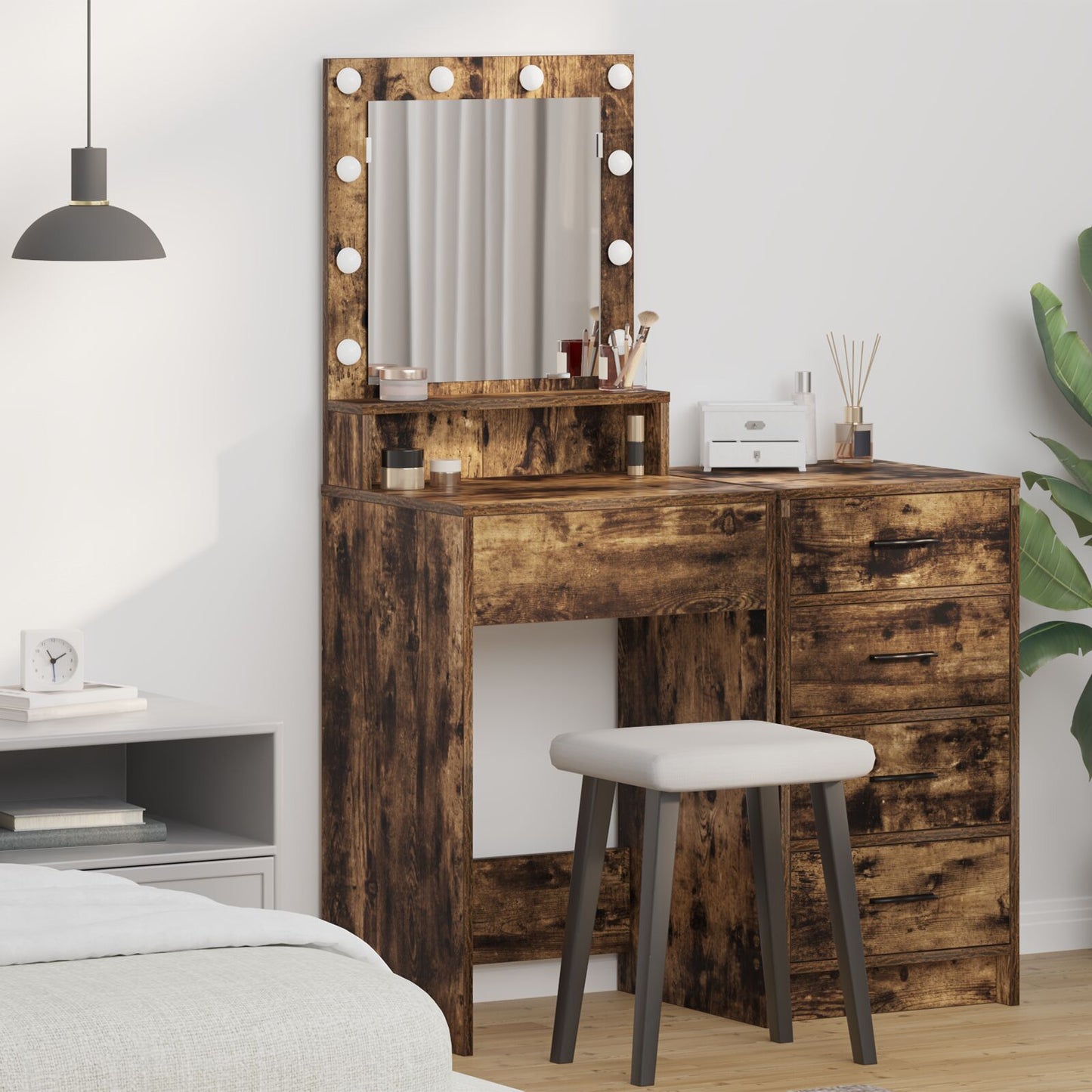 Sminkbord med LED-lampor Rökt Ek 50x41x135 cm