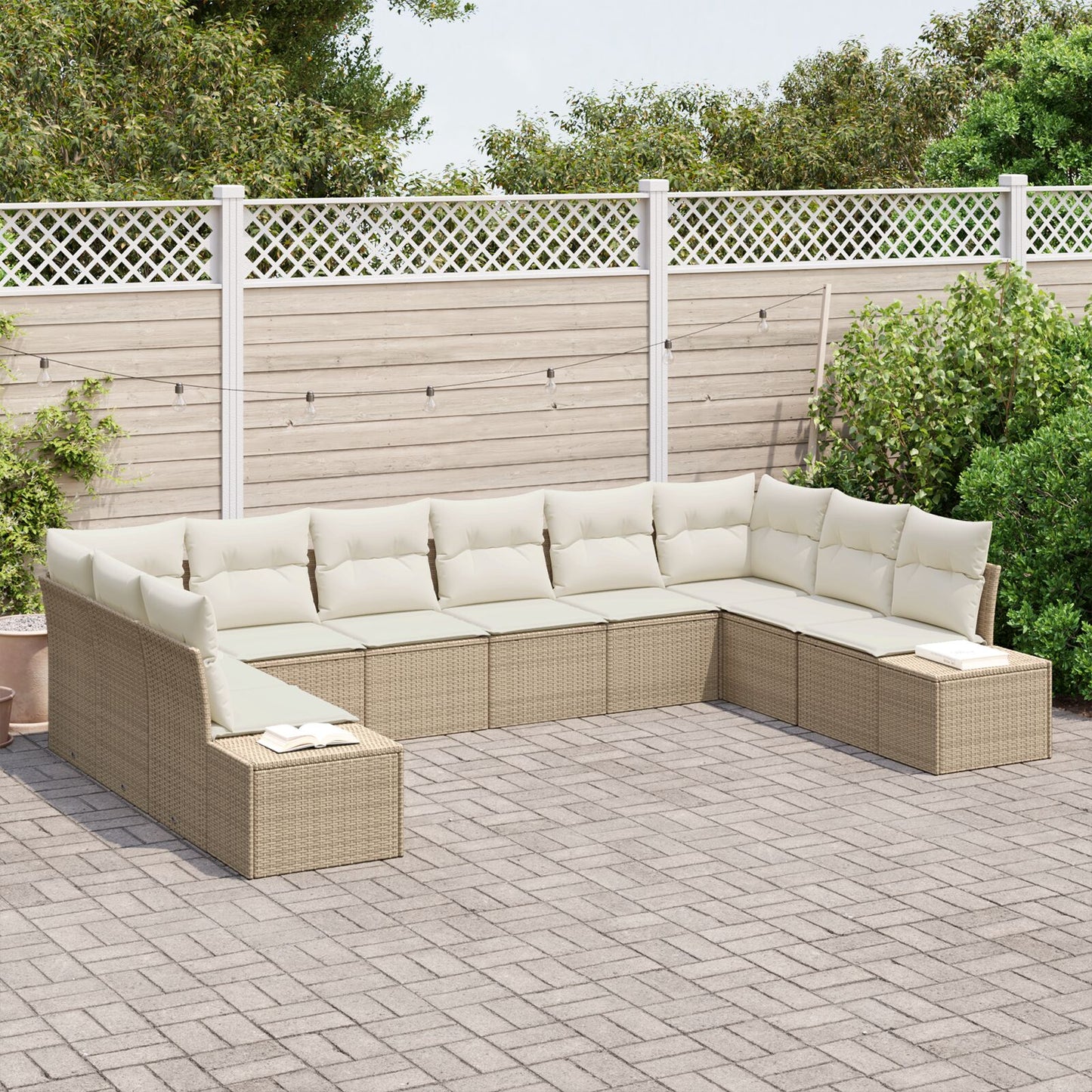 10-delars trädgårdsoffasett med kuddar Beige Poly Rattan