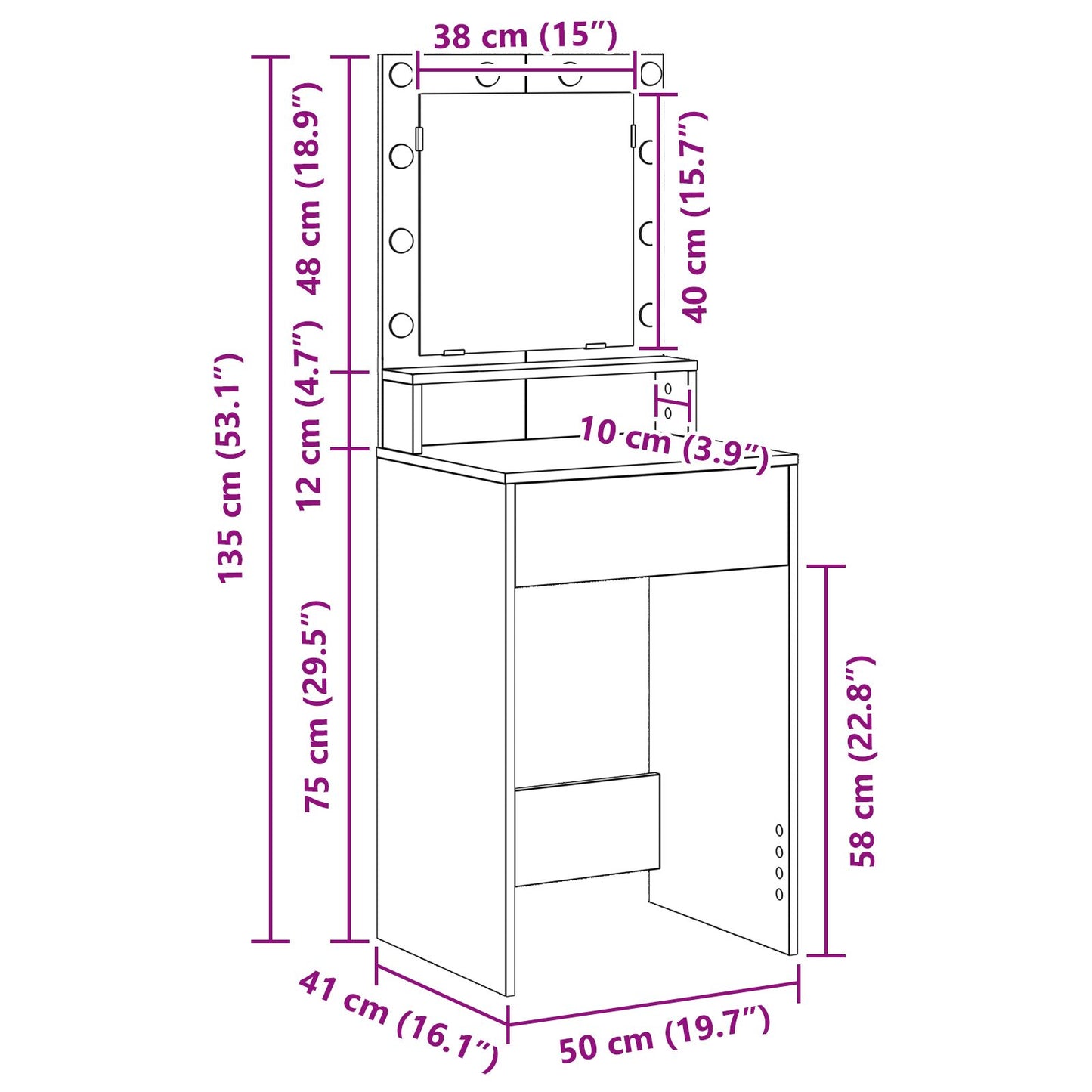 Sminkbord med LED-lampor Vit 50x41x135 cm
