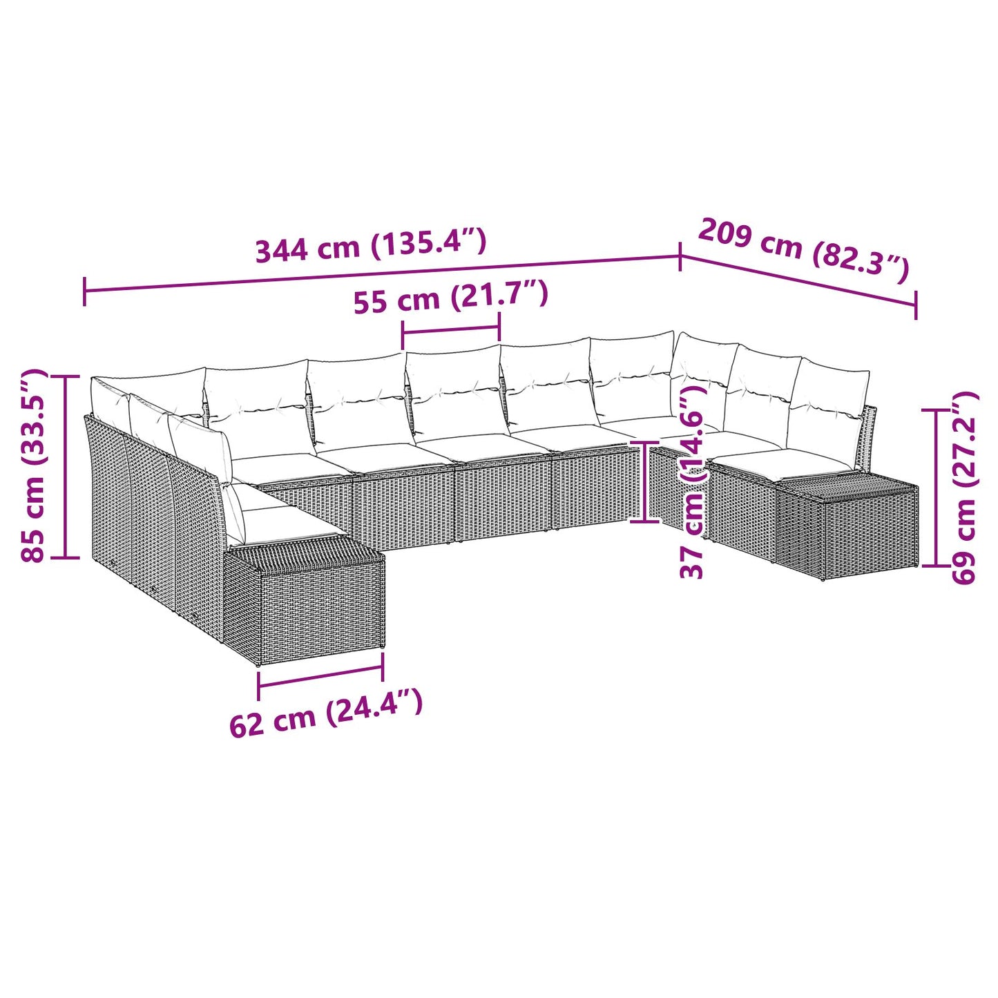 10-delat trädgårdsoffset med kuddar Beige Poly Rattan