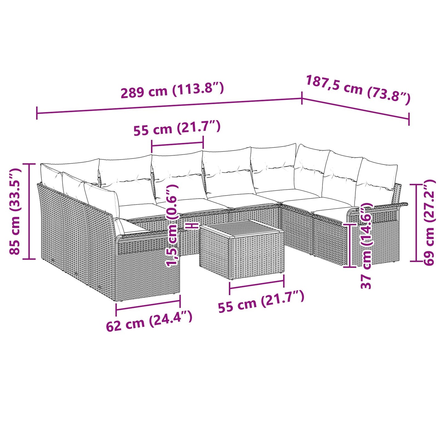 10-delat trädgårdsoff-set med kuddar beige poly rattan akacia