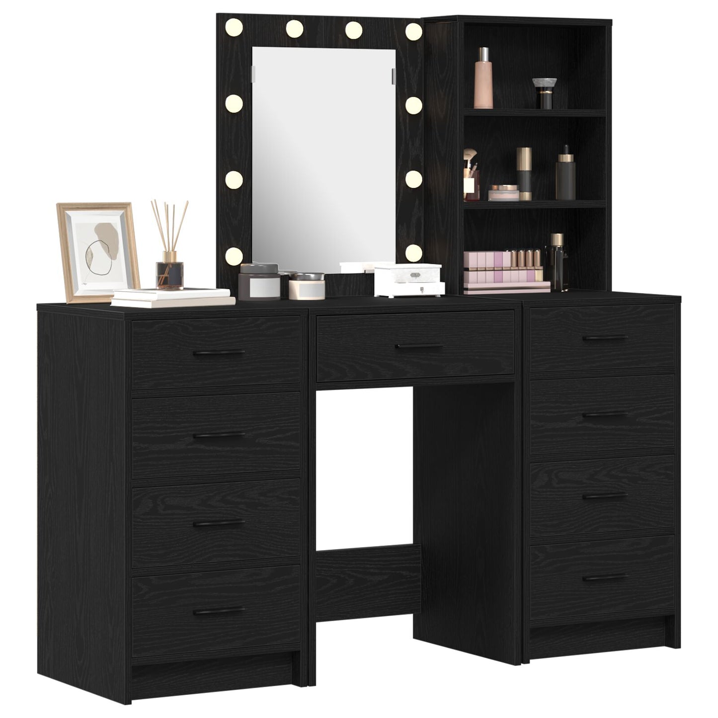 3-delars sminkbord med LED svart laminat