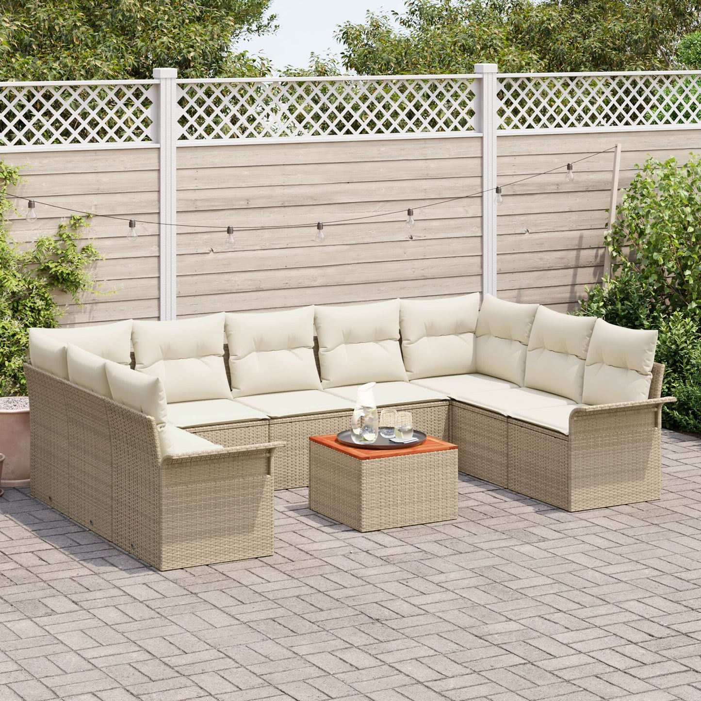 10-delat trädgårdsoff-set med kuddar beige poly rattan akacia
