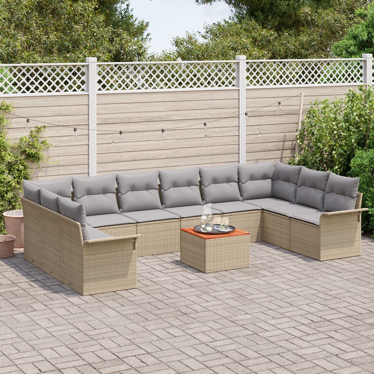 11 Delars Trädgårdssoffa Set med Kuddar Beige Poly Rattan Acacia