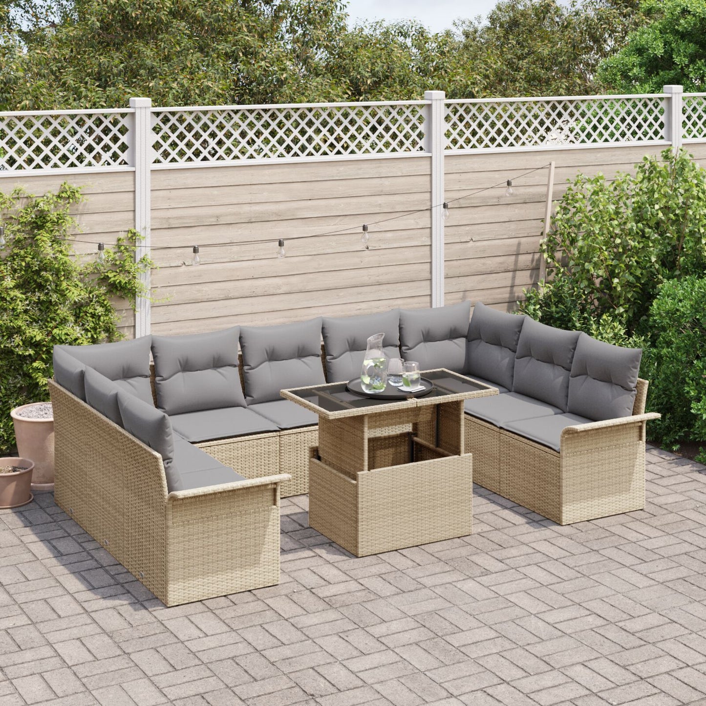 10 Delars Trädgårdsoffset med Kuddar Beige Poly Rattan