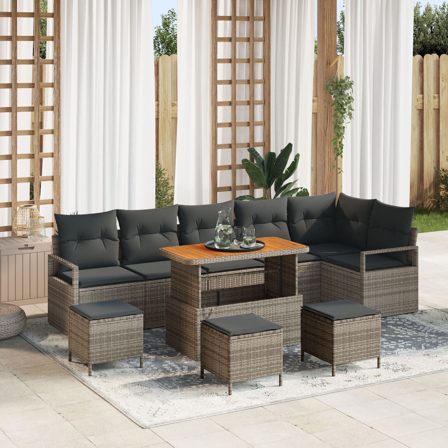 10 Delars Trädgårdsoffgrupp med Kuddar Grå Poly Rattan Akacia, vidaXL 2-sits Trädgårdsoffa med Förvaring & Kuddar Grå Poly Rattan, vidaXL 4 Delars Trädgårdsdining Set med Kuddar Grå Poly Rattan Akacia