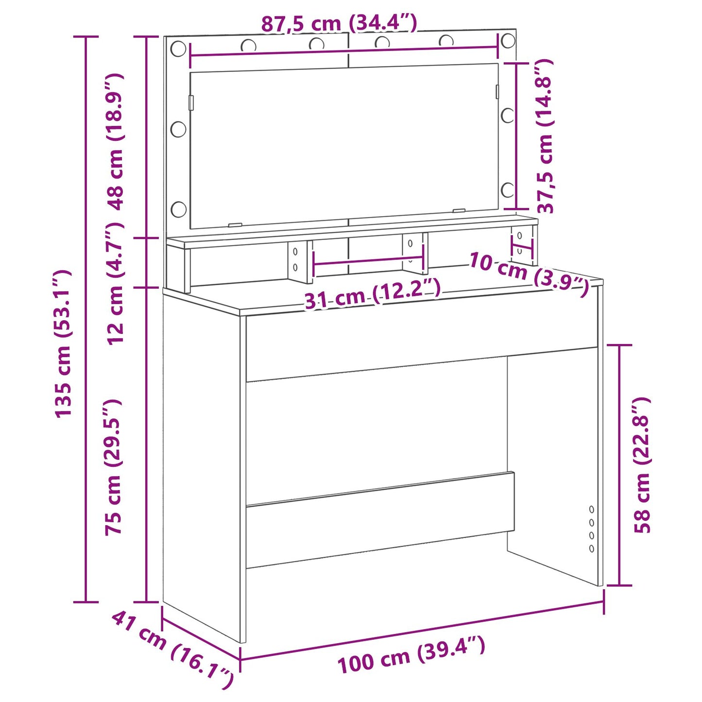 Sminkbord med LED-lampor, Svart Ek, 100x41x135 cm