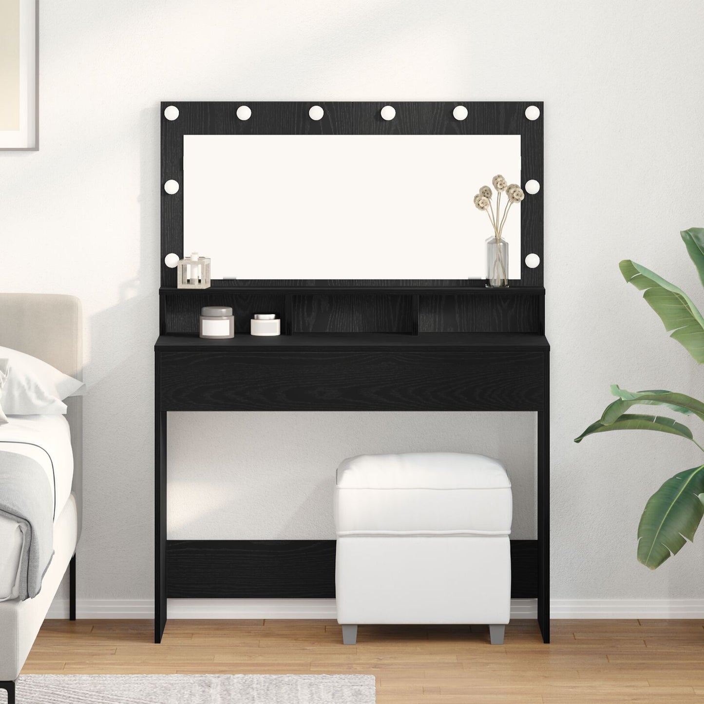 Sminkbord med LED-lampor, Svart Ek, 100x41x135 cm