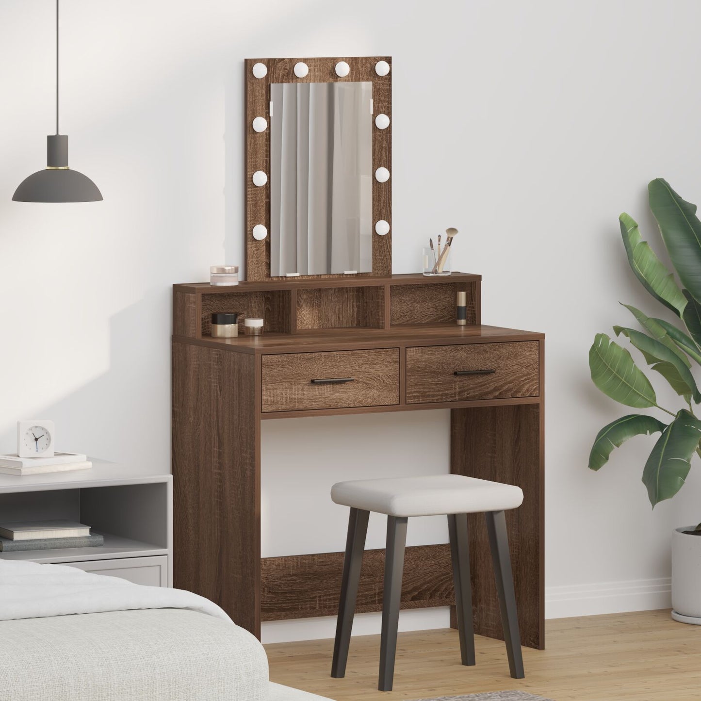 Sminkbord med LED-lampor, Brun Ek, 79x41x140 cm