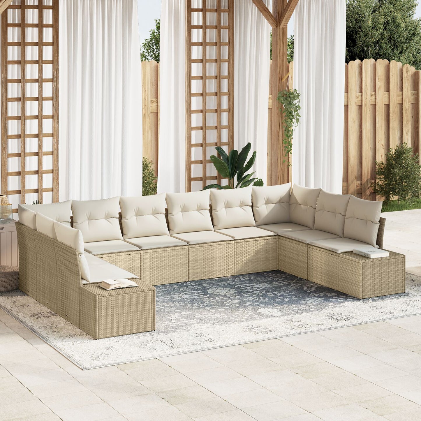 10-delars trädgårdsoffasett med kuddar Beige Poly Rattan