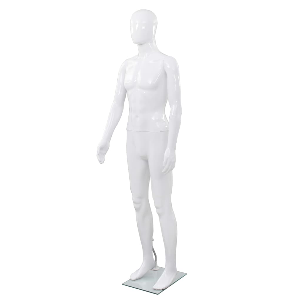 Skyltdocka man helkropps med bas i glas glansig vit 185 cm